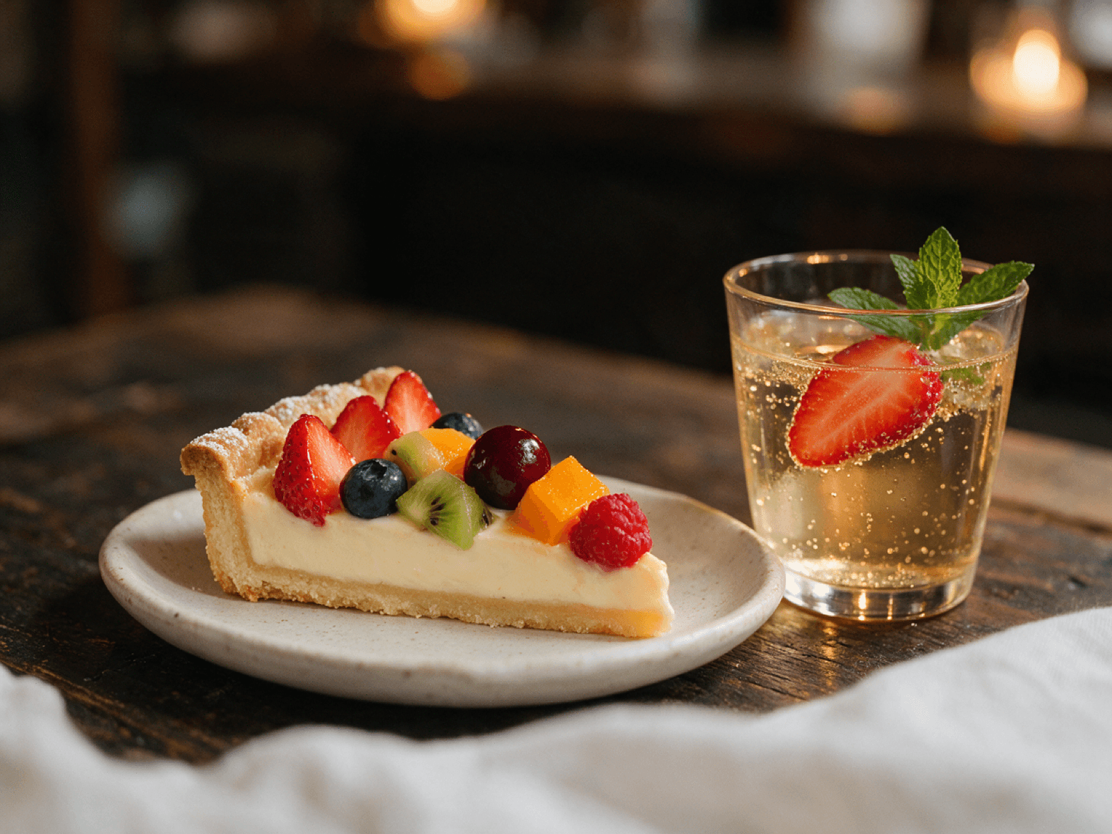Fruit tart slice with a simple cocktail beside it in warm candlelight