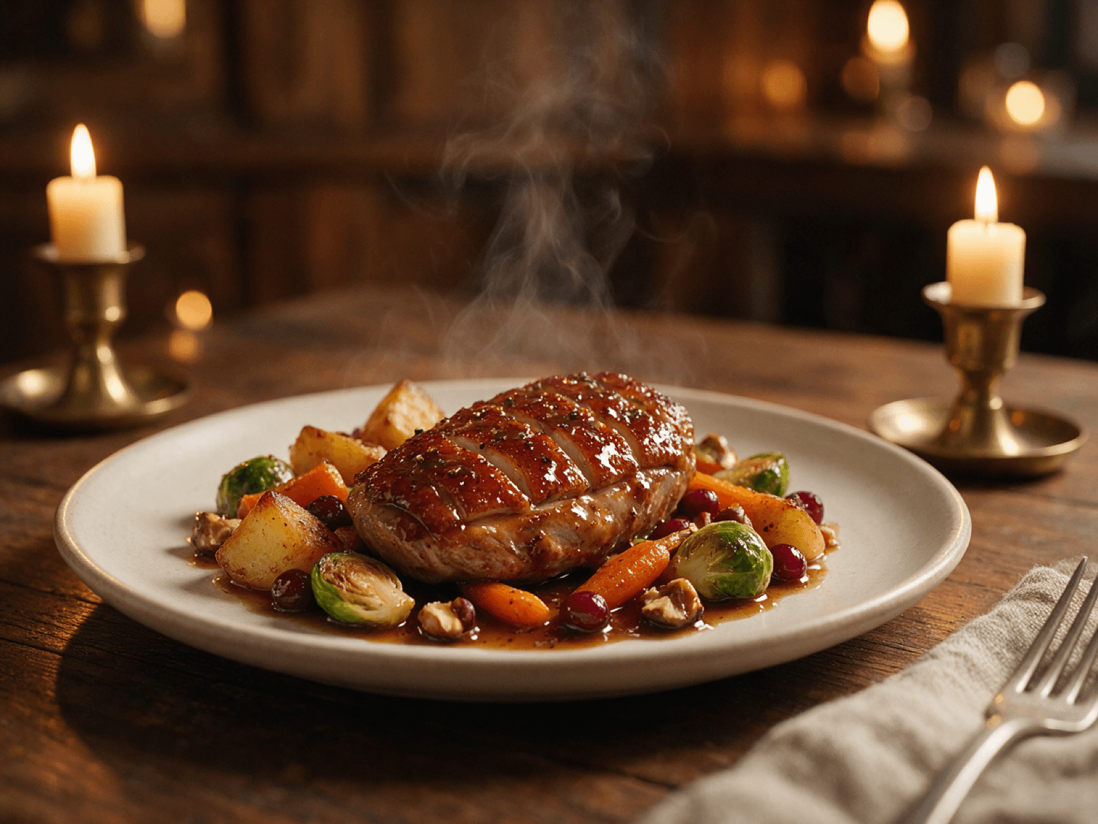 Seasonal main course plated with pan sauce on dark wood