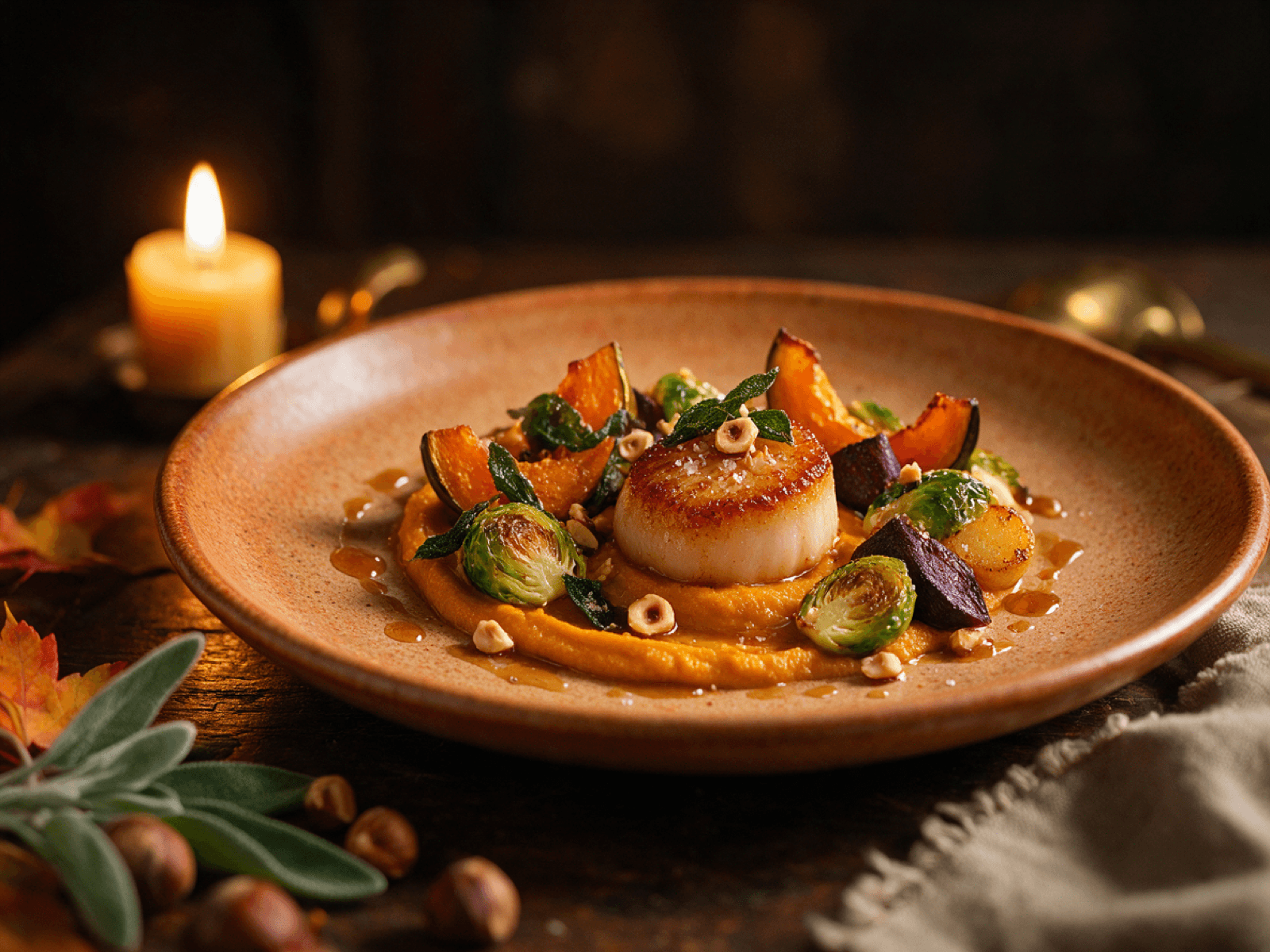 Seasonal starter plated on warm ceramic in low candlelight